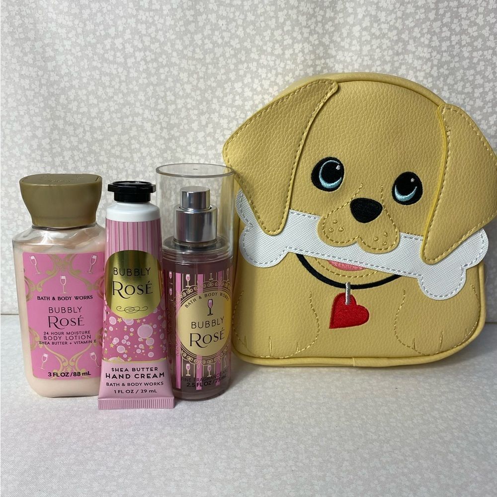 Bath and Body Works Doggie Cosmetic Bag and BUBBLY ROSE Travel Size 4 Piece Set